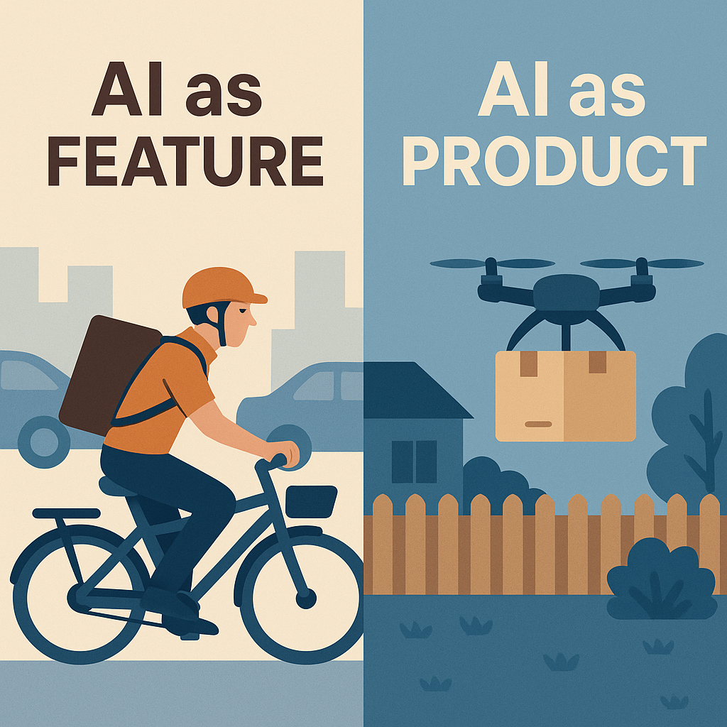 Side-by-side infographic comparing AI as a feature and AI as a product, showing definitions, use cases, and product relationships with icons and flow lines.